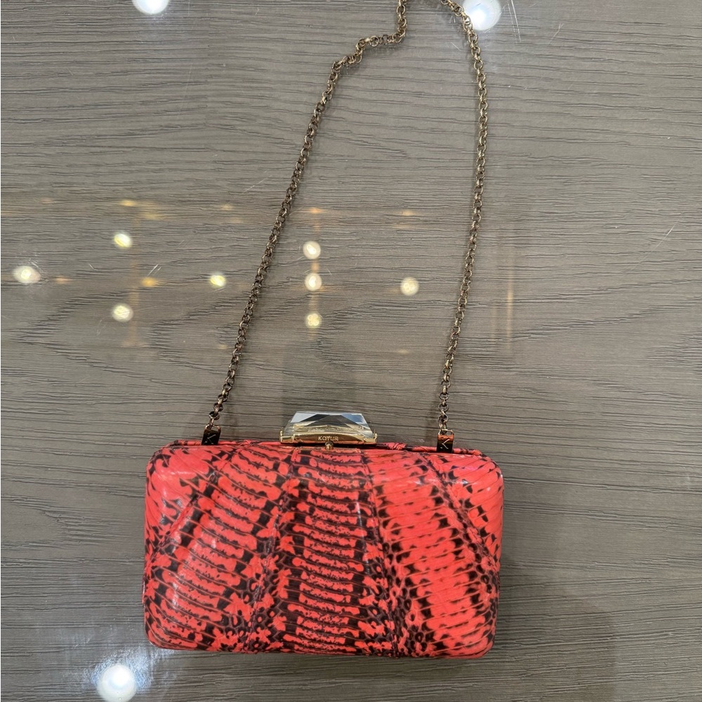 Black and Pink Snakeskin Clutch with Gold Chain
